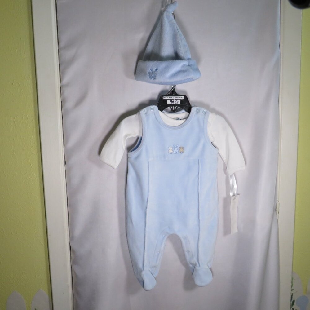 Baby Velour Footed Overalls & Embroidered Bunny (3pc) Set w hat cap